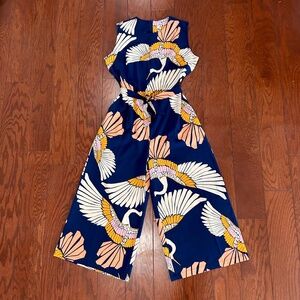 SHEIN jumpsuit sleeveless navy blue white peach print feathers abstract